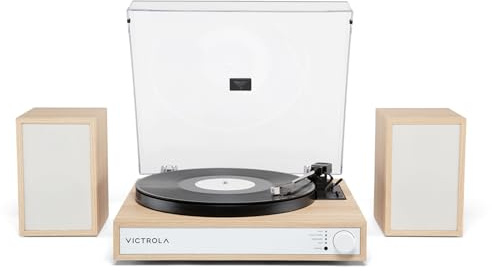 Victrola Harmony – Bluetooth Turntable System– 3-Speed Vinyl Record Player, Stereo Speakers, Audio Technica ATN3600L, Bluetooth in & Out (Natural)