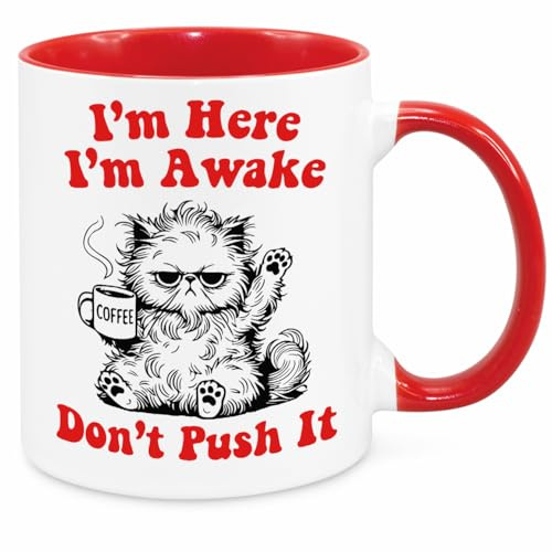 Cherish Charlie Designs I'm Here Mug - Funny Novelty Gift Silly Present Mug Birthday Christmas for Mum Dad Friend Sister Brother Grandparents for Man Woman Secret Santa Work Quotes (Red)