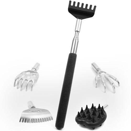 VEMFAY Rascador Trasero con 5 Cabezales Intercambiables, Rascador Espalda Telescópico de Acero Inoxidable, Espalda Rascador se Puede extender hasta 70 cm