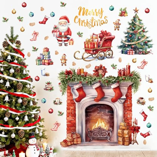 KAIRNE Fireplace Christmas Wall Decals Merry Christmas Santa Tree Stickers
