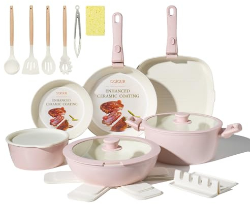 COICUR Keramik Topfsets Pfannenset 23 Teilig Antihaft Kochgeschirr mit Abnehmbarem Griff Stapelbar Topfset Für alle Herdarten, Bratpfanne 20/26cm, Milchtopf 18cm, Schmorpfanne 24cm Ofenfest, Rosa