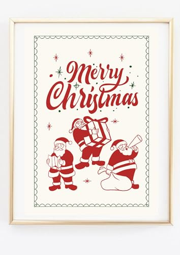 Kunstdruck Din A4 ohne Rahmen - Merry Christmas - Retro Vintage - Weihnachtsmann Nikolaus Weihnachten Advent Weihnachtszeit - Frohe Weihnachten - Deko Druck Poster