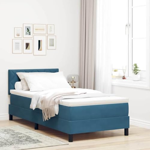 Qnhdfrt 90x200cm Velvet Box Spring Bed with Mattress & Topper, Dark Blue