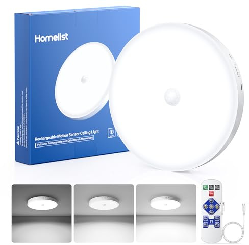 Homelist Motion Sensor Ceiling Light, 12000mAh Rechargeable, 1 Pack | Dimmable Battery Lights Indoor Remote for Hallway Bathroom Garage Loft Pantry Shed Porch, Seniors Kids