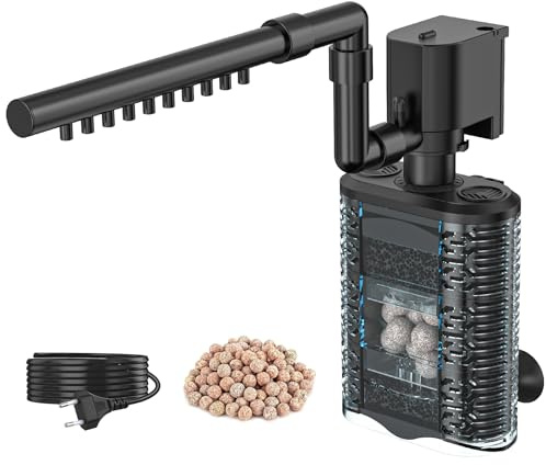 Gardray 3-in-1 Aquarium Schwammfilter 3W für biologische und mechanische Filterung, USB Einstellbarer Leiser Aquarium Innenfilter mit 390L/H für Aquarien bis 100L