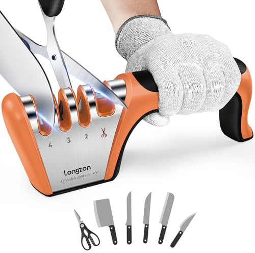 longzon Affilacoltelli Professionale, 4 in 1 Affila Coltelli da Cucina con Due Guanti Antitaglio, Affilacoltelli Manuale per Coltelli Dritti, Forbici, Sicuro e Facile da Usare - Arancione
