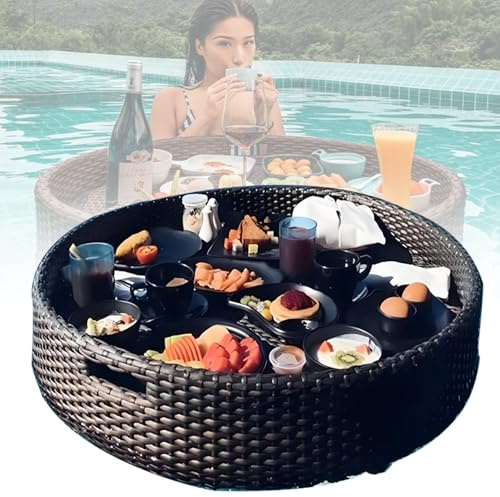 Schwimmender Tabletttisch aus Rattan, schwimmende Bar für den Pool, schwimmendes Frühstückstablett aus Rattan, Schwimmhilfen für den Pool, zum Servieren von Getränken und Brunch am Pool. 60cm-B/Black