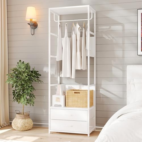 VOWNER Porte Manteau Meuble Entrée Portant Vetement 2 Tiroirs 4-en-1 | Cadre en acier avec tringle et étagères, 60 x 40 x 180 cm pour couloir, chambre