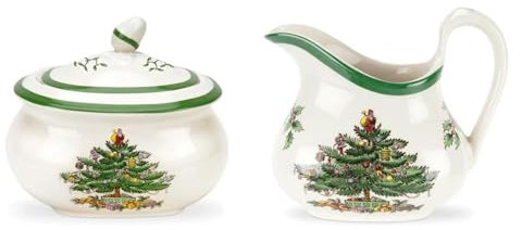 Spode Zucker- und Milchkännchen-Set mit Weihnachtsbaum, 473 ml, Zuckerdose mit Deckel und 237 ml Sahnekännchen, feines Steingut, für den Urlaub, Tee- und Kaffeeservice, spülmaschinenfest, festliches