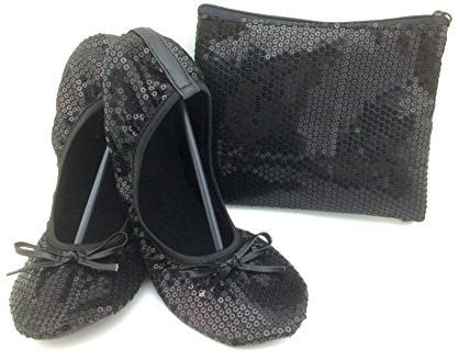 Shoes 18 Women's Foldable Portable Travel Ballet Flat Shoes w/Matching Carrying Case Black Sequin 5/6 UK