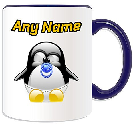 Unigift personalisierbares Geschenk – Baby-Tasse (Pinguin-Kostüm-Design), mit Namensnachricht, einzigartig, lustige Neugeborenen-Glückwunsch-Schnuller, Schnuller, Kleinkind, Kleinkind, keramik, blau