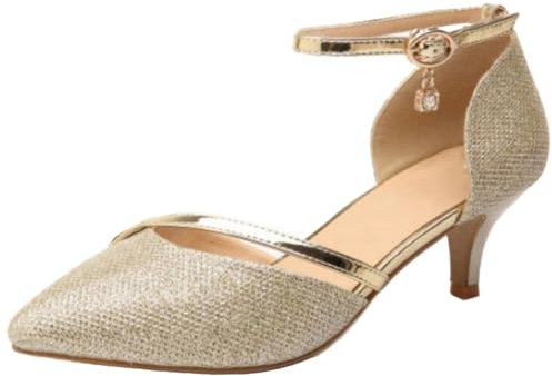 DADAWEN Women's Closed Toe Court Shoes Ankle Strap Kitten Heel Wedding Dress Pumps Gold UK 2