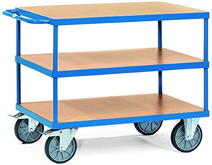 Fetra - Tischwagen 1000 x 600 mm mit 3 Lädeflächen aus Holzwerkstoffplatte - Stahlrohrkonstruktion blau pulverbeschichtet