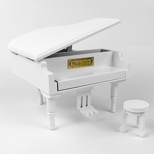 Sinzyo hölzerne klavierförmige Spieluhr mit kleinem Hocker, Weihnachten Valentinstag kreatives Geburtstagsgeschenk(Piano Blanc)