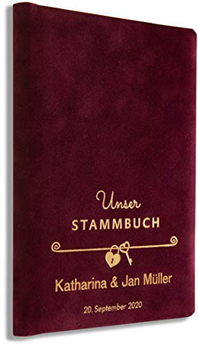 Stammbuch personalisiert Bordeaux Samt Familienstammbuch, Qualitätsprägung von Hand, P-006-2, 2 Zeilen