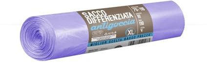 Doli's Sacchi Spazzatura 70X110 per Raccolta Differenziata, Antigoccia e Antiforo per Condomini, in 100% platica da post consumo (110L) (Viola Trasparente)