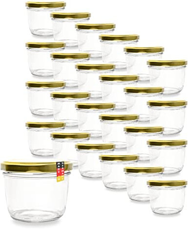 Flaschenbauer 24er Set Premium Sturzgläser 230ml - Vielseitige Marmeladengläser & Einmachgläser mit Wahlweise Farbigen Twist Off Deckeln - Ideal für Suppen, Dips, Tee, Kräuter - TO82/Gold