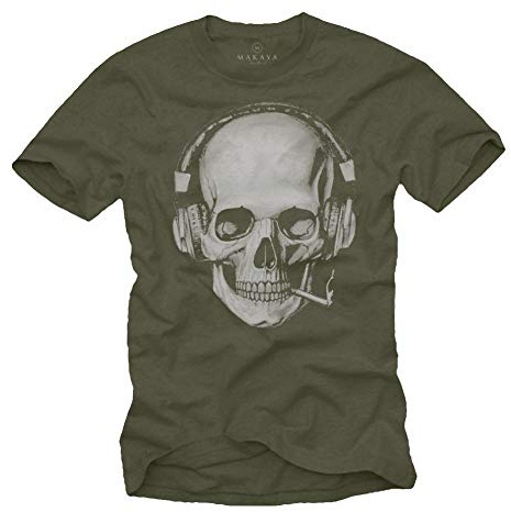 MAKAYA Totenkopf T-Shirt mit Kopfhörer - Skull Rock Band Musik Shirt für Herren Grün XXXXXL