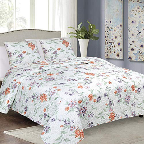 Euromat Tagesdecke Steppdecke Bettüberwurf Gesteppte Tagesdecke mit 2 Kissenbezüge 40x40 cm- (Weiß Violett Grün Blumen- BJ-074, 180x220 cm)