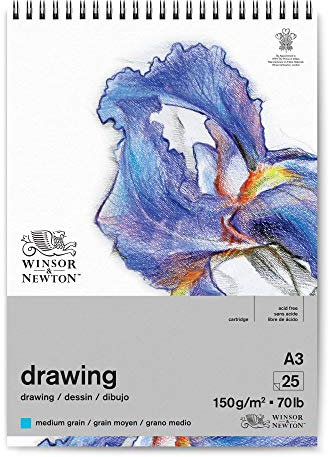 Winsor & Newton 6691007 Zeichenpapier im Spiralblock - 25 Blatt DIN A3, 150g/m², mittlere Körnung, natürliches Weiß, säurefrei, Alterungsbeständig, ideal für Bleistift, Buntstift, Pastell und Kohle