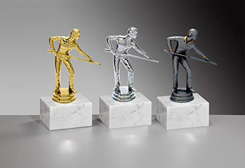 Henecka 🎱 Billard-Pokal, Billardspieler-Figur, Billard-Trophäe auf Marmorsockel, mit Wunschgravur, wählbar in 3 Farben (Gold)