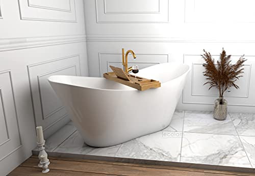 ECOLAM® exklusive freistehende Badewanne Standbadewanne + Ablage Bambus moderne Wanne freistehend Viya + Ablaufgarnitur Click Clack Design Mineralguss 160x70 cm glamour Luxus weiß