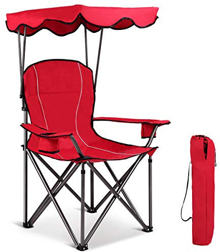GOPLUS Chaise de Camping Pliante, Fauteuil Camping Extérieur avec Auvent, Porte-gobelets et Sac de Transport, Idéal pour Plage, Pêche, Barbecue, Pique-Nique, Charge 150 KG (Rouge, 97x67x134cm)