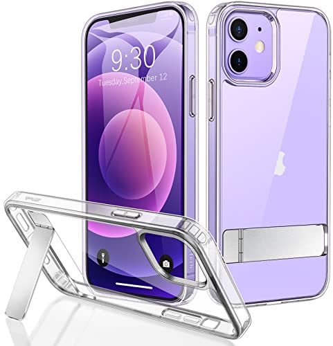JETech Hülle Kompatibel mit iPhone 12/12 Pro 6,1 Zoll mit Ständer, Unterstützung Kabelloses Laden, Dünne Stoßfeste Stoßstange Handyhülle, 3-Wege-Metallständer (Durchsichtig)