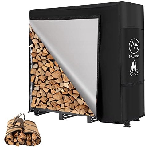 NALONE Legnaia da Esterno Con Coperchio Impermeabile e Borsa da Trasporto, Portalegna Metallo 120 x 116.8 x 35.1 cm per Lo Stoccaggio del Legno Con Copertura 4FT