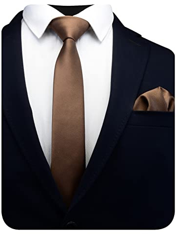 Gusleson Dark Brown Skinny Tie Solid Ties for Men Thin Slim Necktie and Pocket Square Set (UK0754-31)