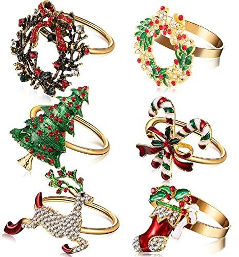 Set of 6 Christmas Napkin Rings Bell Napkin Holder Rings Wreath Santa Claus Candy Cane Reindeer Christmas Tree Design Napkin Rings for Christmas Holiday Party Dinner Table Decoration