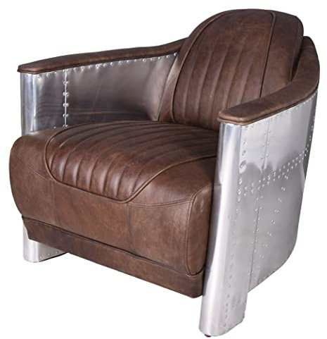 Art Deco Cocktailsessel aus Echtleder mit DC3-Aluminiumverkleidung – Handgefärbter Aviator Loungesessel im Vintage Stil (80 x 74 x 88 cm) – Klassischer „Wilde Zwanziger“ Flair für Wohnzimmer & Lounge