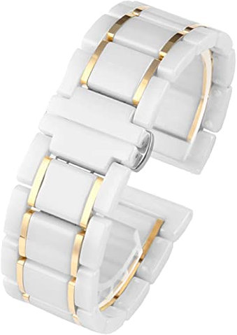 AEMALL Keramik-Edelstahl-Armband, 20 mm, 22 mm, 16 mm, 18 mm, Schnellverschluss-Uhrenarmbänder (Farbe: Weiß x Gold, Größe: 20 mm)