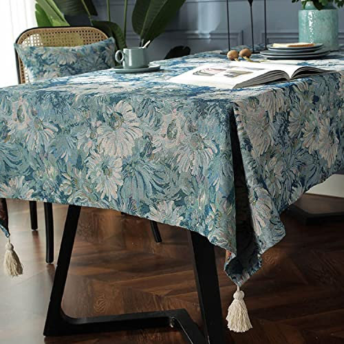 iyoimono Quaste Tischdecke 90x90 Abwaschbar Baumwolle und Leinen Tischtuch Blaues Ölgemälde Quadratisch Couchtisch Tischdecke