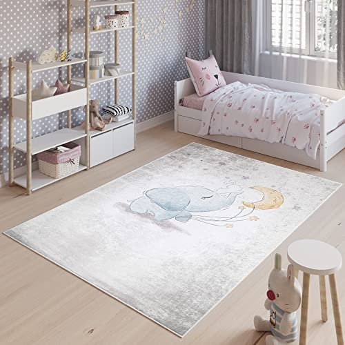 TAPISO Emma Teppich Waschbar bei 30 Grad Elephant Sterne Mond bedruckter Kinderteppich Antirutsch Kinderzimmer Jugendzimmer Modern ÖKO-TEX 140 x 200 cm