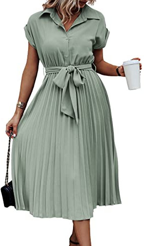 ASOMI Sommerkleid Damen Hemdkleid Kurzarm: Elegant Kurzarm Strandkleid Büro Wickelkleid Mode Tasche Hemdblusenkleid Lässig Blusenkleid Midikleid Knopf Plisseekleid V-Ausschnitt Gürtel B-Lichtgrün L