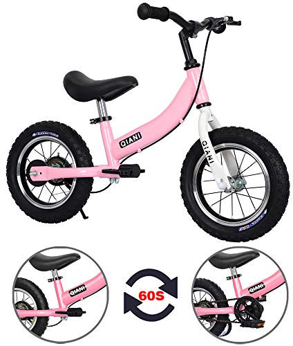 Qiani Fahrrad ohne Pedale und Kinderfahrräder 2 in 1, für 2 bis 7 Jahre Kinder, mit Bremse, abnehmbar Pedale und Hilfsräder, 12 14 16 Zoll, Rot Blau Rosa (16 Zoll, Rosa)