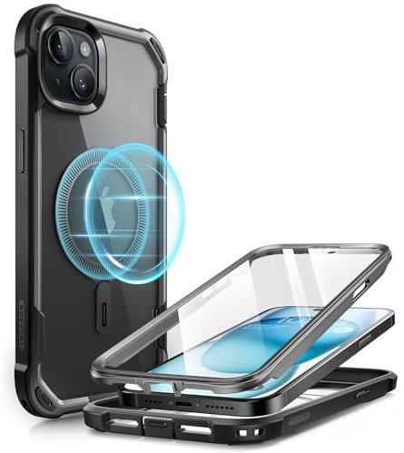 i-Blason AresMag for iPhone 15 Plus Case [6.7 inch], [MagSafe Compatible] Full-Body Dual Layer Anti-Slip Shockproof Rugged Clear Bumper Case with Built-in Screen Protector(Black)