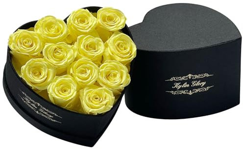 Kylin Glory Bouquet de 12 roses éternelles en forme de cœur pour maman, épouse ou toute occasion spéciale (jaune)