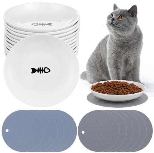 12 Stück Katzennäpfe mit 12 rutschfesten Matten, breite und flache Katzenteller zur Linderung von Whiskey-Müdigkeit, 15 cm große Katzen-Futternäpfe aus Keramik, Futternäpfe für Nass- und Trockenfutter