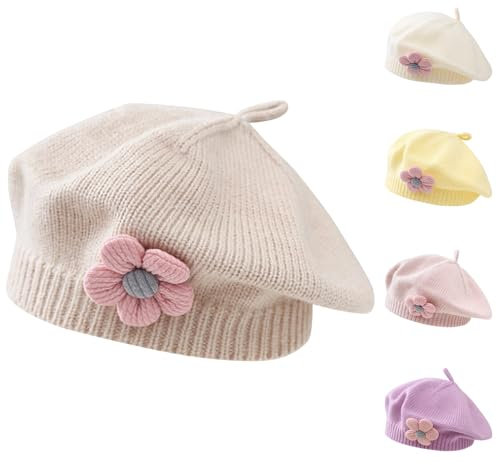 Kunyeah Kleine Mädchen Beret Hut Winter Warm Beanie Cap Kleinkind Französisch Stil Strickmütze Baby Niedliche Blume Berets