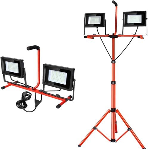 LEDMO 200W Projecteur Chantier Led 20000lm, 5000k Lumière Blanche Naturelle, Projecteur à Double Tête avec Support en Alliage d'aluminium pour les Chantiers de Construction, les Lofts et les Cours.
