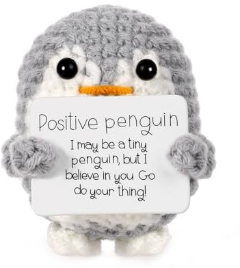 BOXOB Mini Lustiger Positiver Pinguin, 6,5cm Süßes Gestricktes Pinguin Spielzeug mit Positiver Karte Positiver Pinguin-Häkelpuppe Jubelndes Geschenk für Freunde Ermutigung Party-Dekoration (Grau)