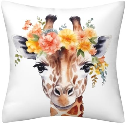 DILOXNSU Giraffen-Geschenk-Kissenbezug, niedliche Giraffe mit Blumenkranz, Blumenstrauß, 45 x 45 cm, Heimdekorationen, Kissen für Wohnzimmer, Couch, Sofa, Dekoration, 45,7 x 45,7 cm
