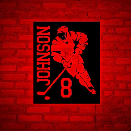 4 Größen individuelle Eishockey Wandkunst mit LED Lichtern, Hockeyspieler Namensschild, Eishockey RGB Farben LED Lichtschild, Weihnachts Geburtstagsgeschenk