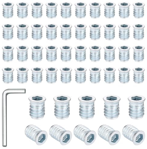 Vueinrg 50 Pièces M10 Insert Fileté Bois, Manchons à Visser, M10*20mm Écrous Insert à Visser avec Hexagone Internel, Manchons à Visser en Acier Galvanisé pour Meubles, Bois avec 1Clé Hexagonale