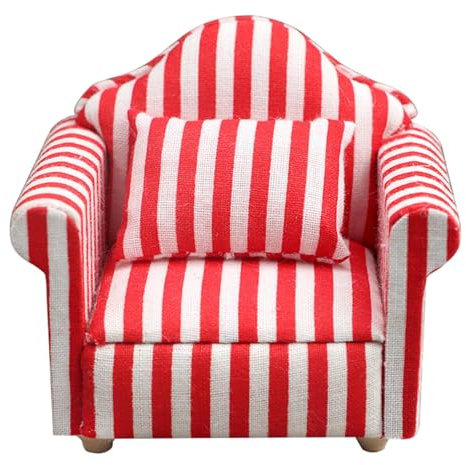 Qutalmi Puppenhaus-Couch mit Kissen, Puppenhaus-Sofa-Set, Puppenhaus-Möbel-Couch- und Stuhl-Set im Maßstab 1:12 | Rot-weiß gestreifter Miniatur-Sofa-Sessel aus Holzstoff,