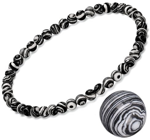 EUMENIDES Damen-Naturstein-Armband, Turmalin, Tigerauge, Obsidian,Achat-Kristallstein-Armband,QUALITÄT A, 7,2 Zoll, 4/6MM, (Schwarz-weißer Malachit Armband,4MM)