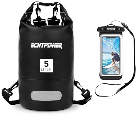 ECHTPower Dry Bag 5L 10L 20L, wasserdichte Tasche Handytasche Packsack mit Verstellbarer Schultergurt Reflektorstreife, Wasserdichter Beutel/Sack für Schwimmen, Boot, Kanu, Stand Up Paddling, Schwarz