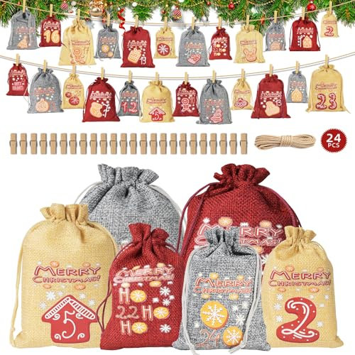 Zabatoco Calendrier de l'avent a Remplir Femme Homme Enfant, 24 Calendrier de l'avent Avec Des Pinces En Bois, De La Corde De Chanvre, 2 Tailles Noel Calendrier Avent a Remplir DIY Decoration De Noel
